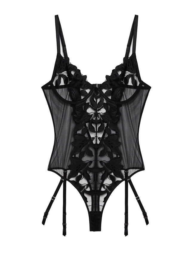 Black - Lily Embroidery Cupped Bodysuit | Fleur du Mal