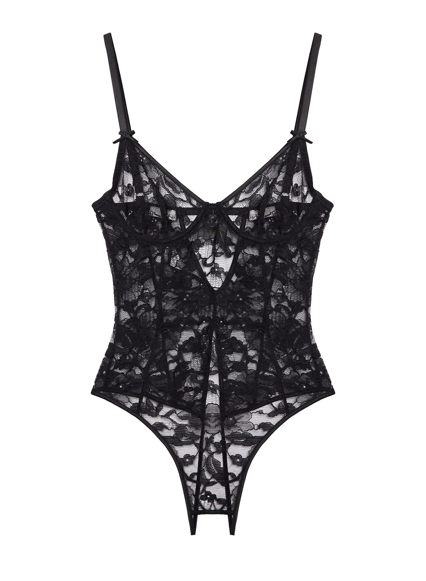 flat-Magnolia Lace Ouvert bodysuit in black- fleur du mal