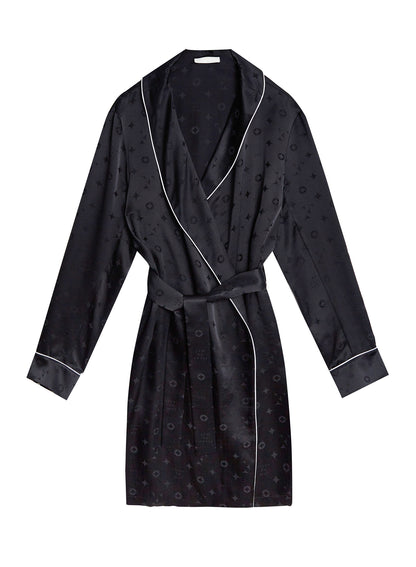 Men's Dressing Gown Robe Umber Brown Jacquard Black Silk Extra Long
