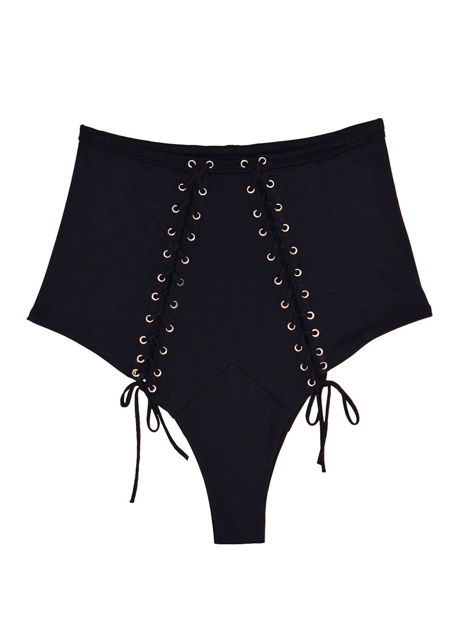 Black - Lace Up High Waist Bikini | Fleur du Mal